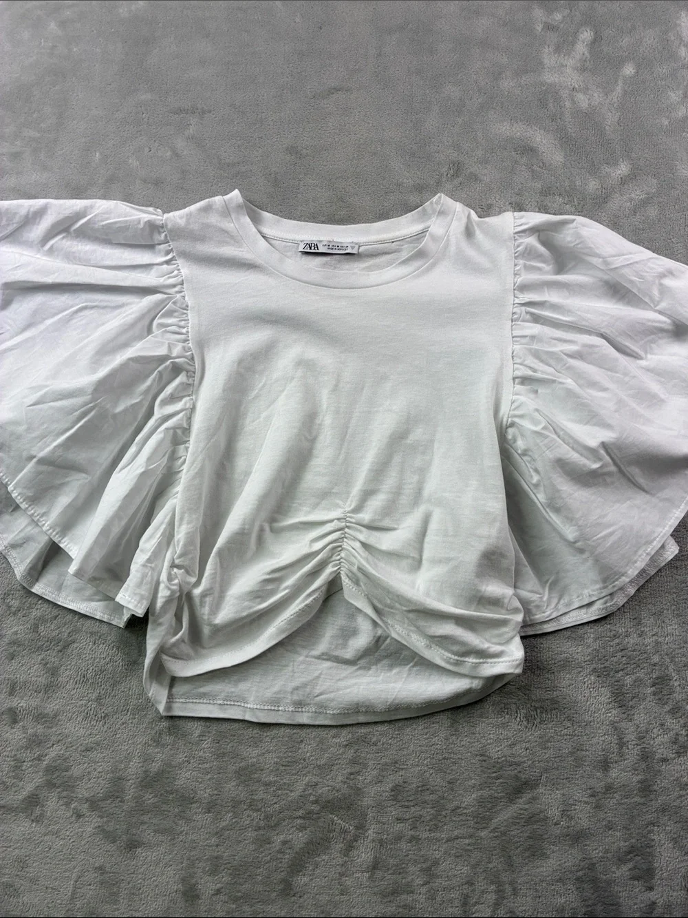 Zara Womens M White Oversized Flutter Sleeve Ruched Front Blouse Top